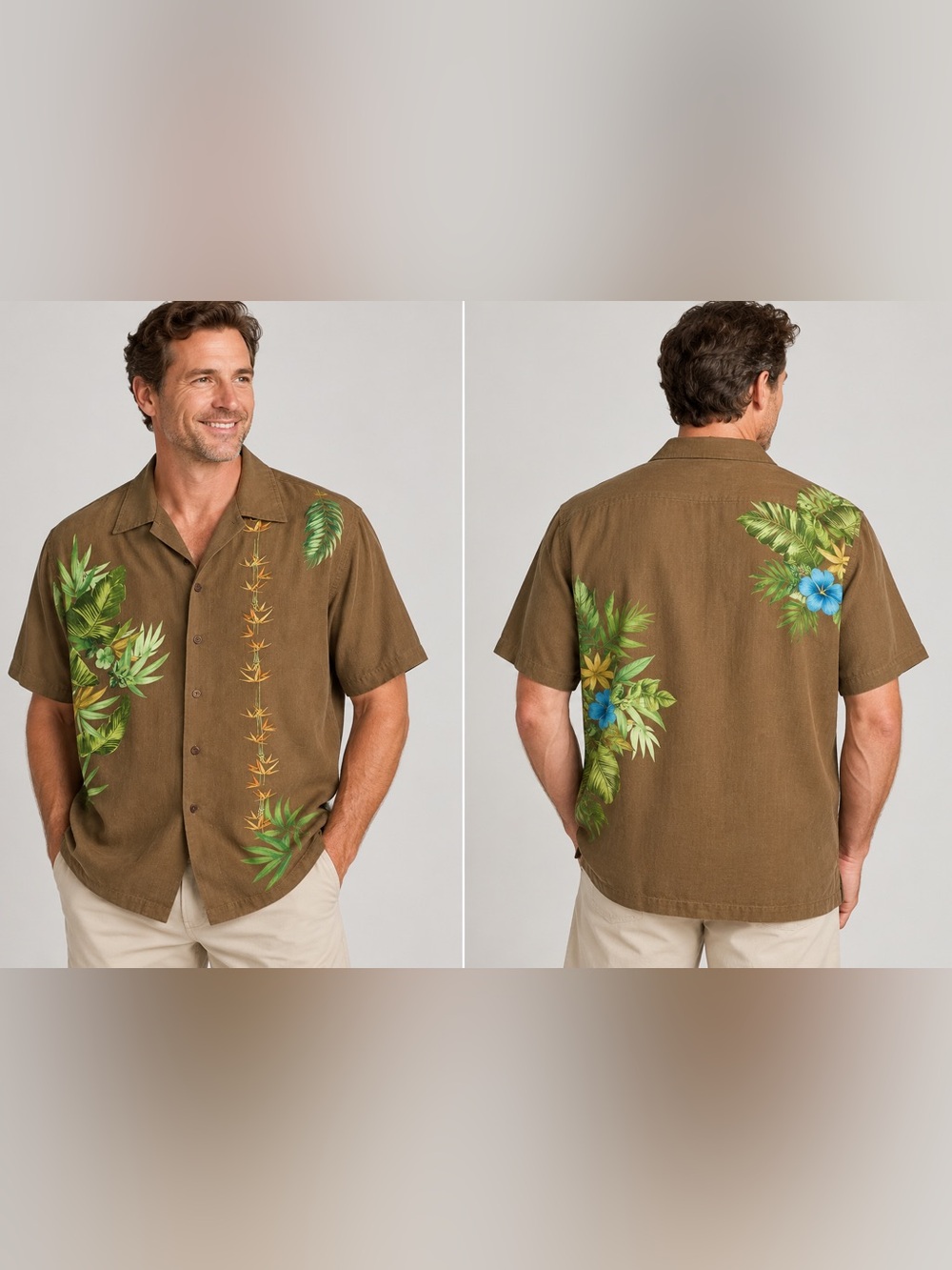 Tommy Bahama Men XL 100% Silk Camp Shirt Brown Tropical Hibiscus Bamboo Aloha